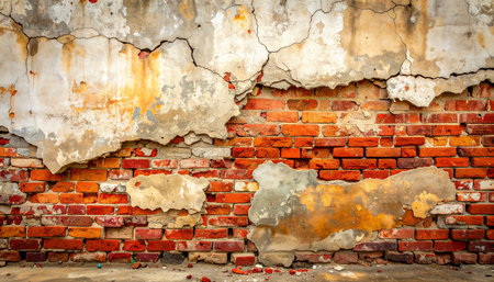 Old red brick wall with peeling paint. Grunge backgroundの素材
