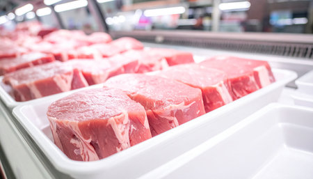 Raw pork meat in the supermarket. Selective focus. Shallow depth of fieldの素材