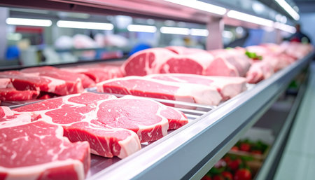 Raw fresh meat on the conveyor belt in a supermarket or grocery storeの素材