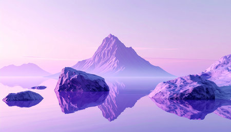 Mountains reflected in the water, 3d render. Computer digital drawing.の素材