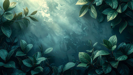 3d illustration of dark blue background with green leaves and sun raysの素材