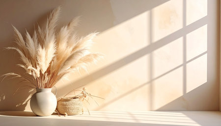 Pampas grass in vase on windowsill and sunlight.の素材