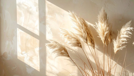 Dried pampas grass in sunlight on white wall background.の素材