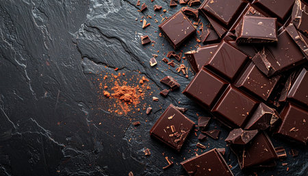 Pieces of dark chocolate with cocoa powder on black background, top viewの素材