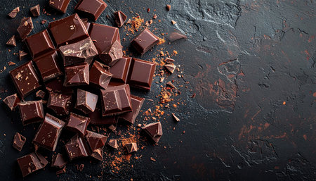 Pieces of dark chocolate with cocoa powder on black background, top viewの素材
