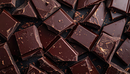 Pieces of dark chocolate on a black background, top view.の素材