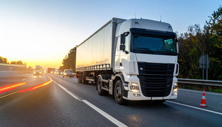 Truck on the highway at sunset, transportation and logistics concept.の素材