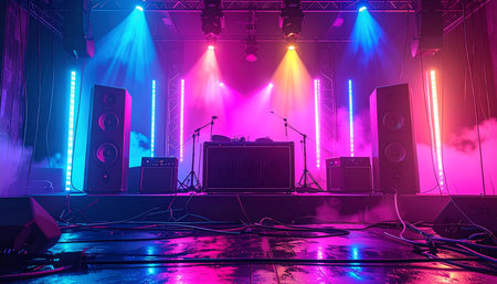 Stage lights with smoke and spotlights in a nightclub, tonedの素材