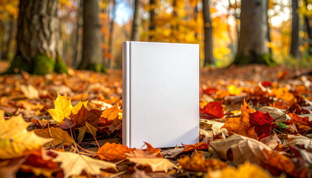Blank book with autumn leaves on the ground in the forest.の素材