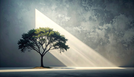 Conceptual image of green tree with rays of light coming from stageの素材