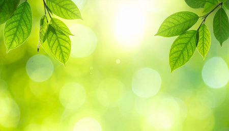green leaves on blurred greenery background with bokeh and sunlightの素材
