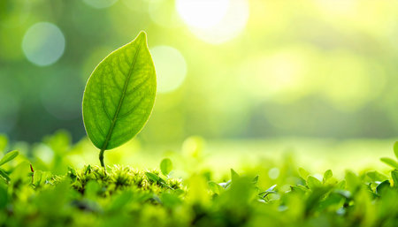 Green plant growing on the green moss with sunlight and bokeh backgroundの素材
