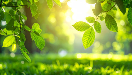Green leaves in the sunlight with bokeh effect. Nature backgroundの素材