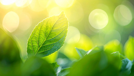 Fresh green tea leaves with bokeh background, nature concept.の素材