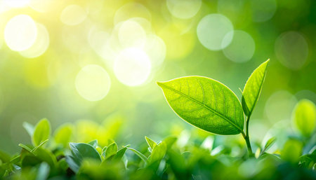 Green tea leaves with bokeh light in morning time. Nature backgroundの素材