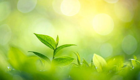 Green tea leaves on blurred greenery background with bokeh.の素材