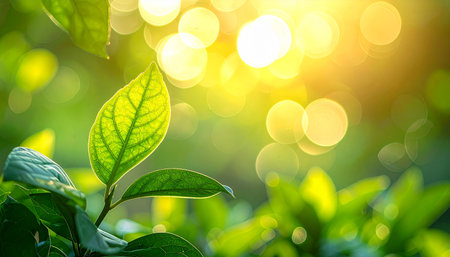 Close up of fresh green leaf on blurred nature background with sunlight.の素材