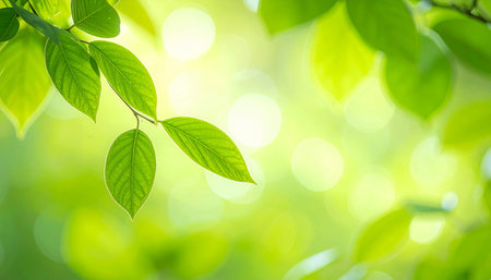 green leaves background in sunny day with bokeh and copy spaceの素材