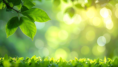 Close up of nature view green leaf on blurred greenery background under sunlight with bokeh and copy space using as background natural plants landscape, ecology wallpaper concept.の素材