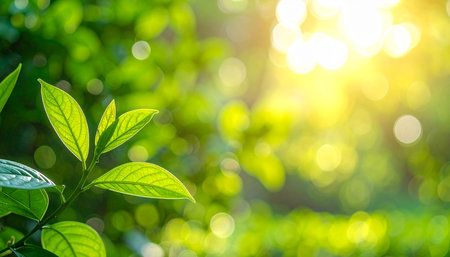 Close up nature view of green leaf on blurred greenery background under sunlight with bokeh and copy space using as background natural plants landscape, ecology wallpaper concept.の素材