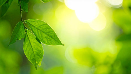 Close up of green leaf on blurred greenery background under sunlight.の素材