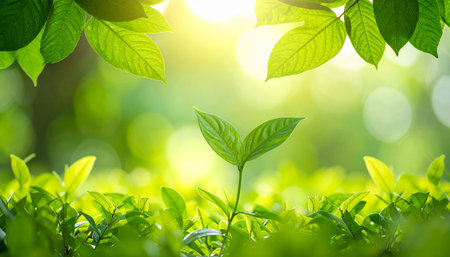 Close up of fresh green tea leaves on blurred greenery background.の素材