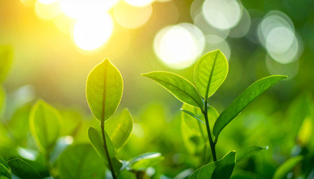 Close up of green tea leaf with sunlight in morning at tea plantationの素材