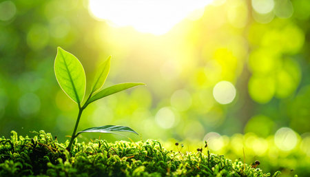 Green plant growing on moss in the forest with sunlight and bokeh backgroundの素材