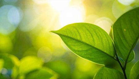 Close up of nature view green leaf on blurred greenery background under sunlight with bokeh and copy space using as background natural plants landscape, ecology wallpaper concept.の素材