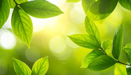 Fresh green leaves on blurred greenery background with bokeh effectの素材