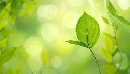 green leaves on blurred greenery background with bokeh and sunlightの素材