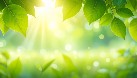 Fresh green leaves with bokeh and sunlight. Nature background.の素材