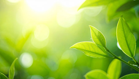 Close up nature view of green leaf on blurred greenery background under sunlight with bokeh and copy space using as background natural plants landscape, ecology wallpaper concept.の素材