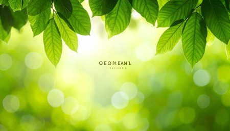 Fresh green leaves on blurred greenery background with bokeh effectの素材