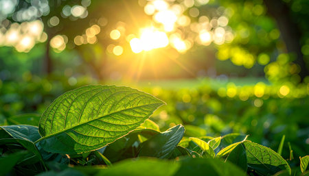 Green leaf in the morning with sunbeams and lens flare.の素材