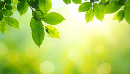 Green leaves background with bokeh effect. Spring or summer conceptの素材