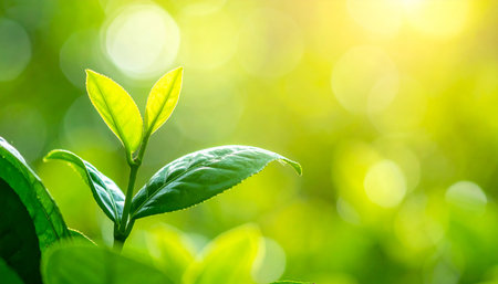 Green tea leaf on blurred greenery background with bokeh light.の素材