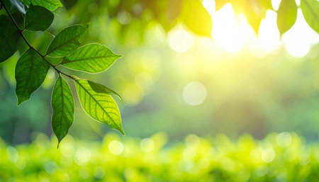Green leaves with sunlight and bokeh background, nature concept.の素材
