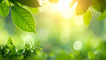 Close up of green tea leaves on blurred greenery background with sunlight.の素材