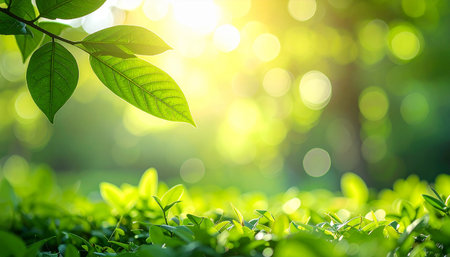 Close up of fresh green tea leaves on blurred nature background with sunlight.の素材