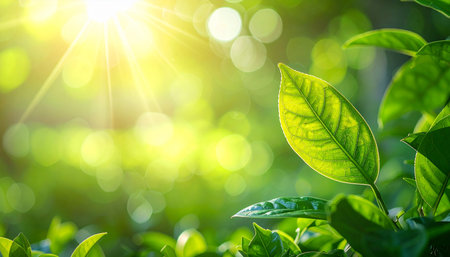 Close up of fresh green tea leaves on blurred greenery background with sunlight.の素材