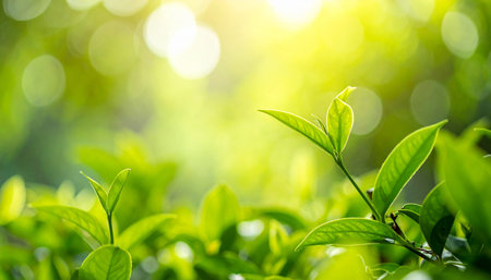 Close up green tea leaf on blurred greenery background with sunlight.の素材