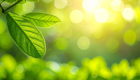 Green leaves on blurred greenery background with bokeh and sunlightの素材
