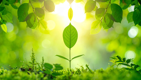 Green leaves background with bokeh and sunlight. Nature background.の素材