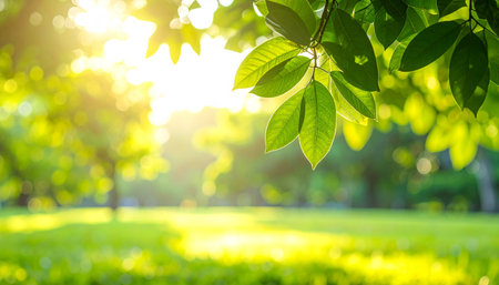 Green leaves background with sun light in the morning. Natural green background.の素材