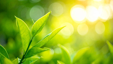 Green tea leaves with sunlight in morning, close up. Nature backgroundの素材