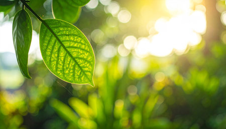 Close up of fresh green leaf on blurred greenery background with sunlight.の素材