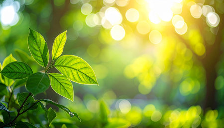 Close up nature view of green leaf on blurred greenery background under sunlight with bokeh and copy space using as background natural plants landscape, ecology wallpaper concept.の素材