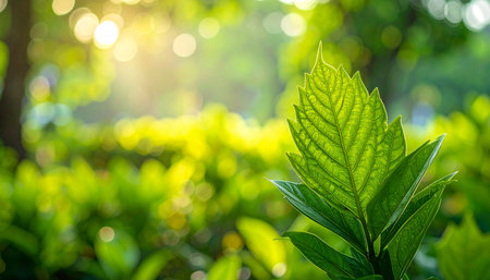 Close up of green leaves with sunlight in the morning. Nature backgroundの素材