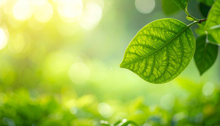 Close up of nature view green leaf on blurred greenery background under sunlight with bokeh and copy space using as background natural plants landscape, ecology wallpaper concept.の素材